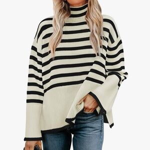 Elegant Black and Cream Striped Women's Turtleneck Sweater